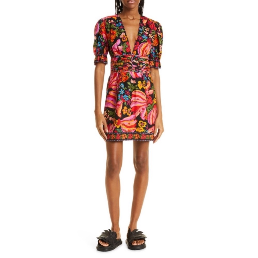 FARM RIO Black Pink Spring Bananas Print
Deep V Neck Minidress, SIZE XS